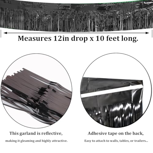 Image of 4 Pack Black Total 40 Feet Foil Fringe Garland Metallic Tinsel Banner Wall Hanging Drapes Parade Float Skirting Decorations for Trailer Mardi Gras Party Birthday Wedding Baby Shower