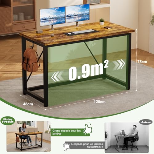 Devoko Bureau d'ordinateur, Table, Petits Bureaux d'étude 120 x 50 x 75 cm pour Les Petits Espaces, Poste de Travail, Bureau et Travail à Domicile, Cadre en Métal, Marron Rustique – vue 3
