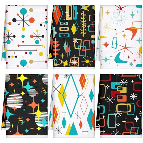 Image of Bencailor 6 Pcs Black Geometric Kitchen Towels Decorative Sets Dish Towels Absorbent Fast Drying Hand Tea Vintage Hanging Reusable Cleaning Dishcloths for Cooking Farmhouse Bathroom Accessory