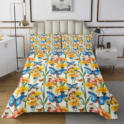 Dandelion Bedspread Twin Size,Yellow Flowers Rustic Nature Style Bedding Set 2pcs for Kids Teens Living Room Decor,Butterfly Ladybug Animal Quilted Coverlet Soft Breathable with 1 Pillowcase