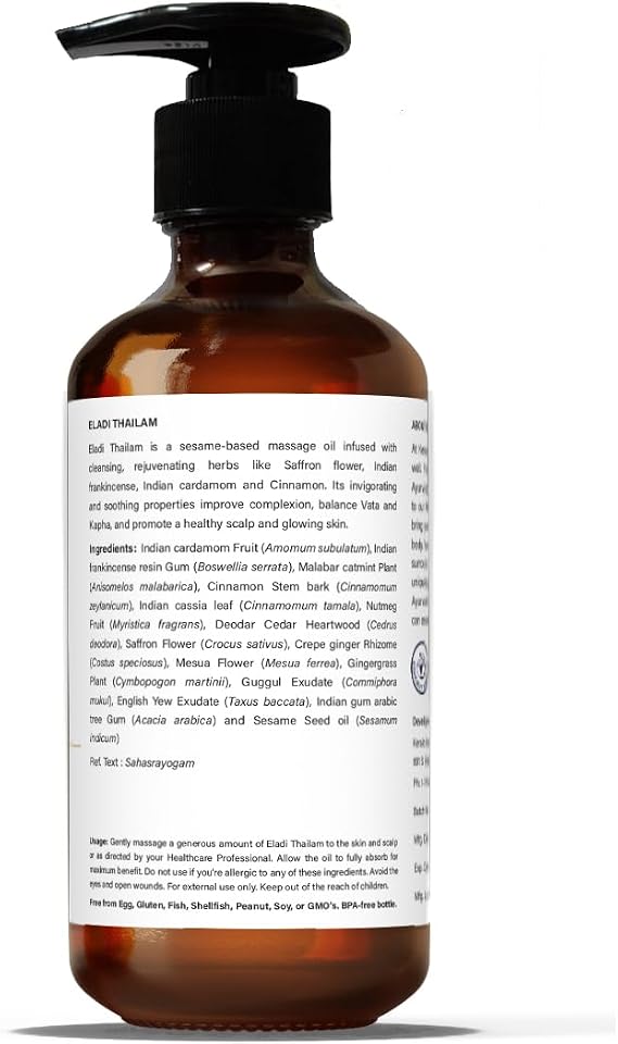 Kerala Ayurveda Herbal Skin Oil (Eladi Thailam) - Sesame Oil Based Ayurvedic Massage Oil for Radiant Body & Healthy Scalp - Moisturizes Dry Skin & Hair, Balances Vata and Kapha, 6.76 Fl Oz