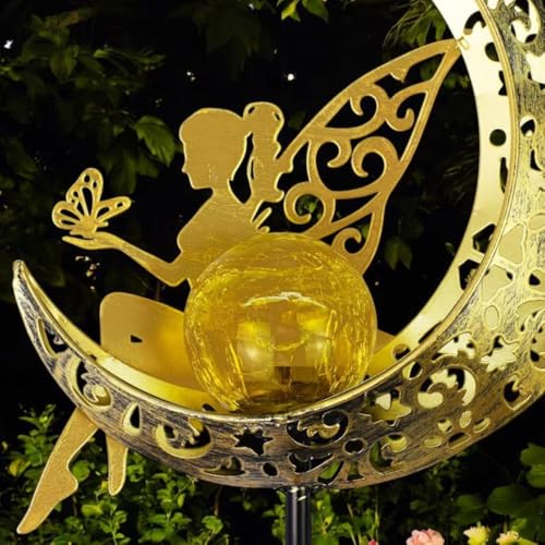 Image of XERGY Solar Powered Garden Decor Metal Fairy Moon Stake Light Statue with LED Glow Ball - Waterproof, Outdoor Decor Light, Auto Dusk to Dawn Sensor, Ideal for Lawn,Terrace & Balcony (Warm White)