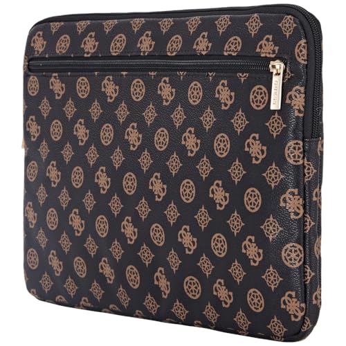 Image of Guess 14-Inch Laptop Sleeve Case Official Licensed by CG Mobile | Elegant Peony Pattern, PU Leather with Front Pocket & Triangle Metal Logo | Stylish Protective Laptop /MacBook Bag for Men & Women