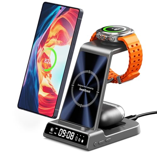 Image of 3 in 1 Wireless Charger for Samsung Galaxy S26 Ultra, Galaxy Watch 8, Buds | Dimmable LED clock, Dual-angle charging stand, Case-friendly, Compact & space-saving, Multi-protection, Charging indicator