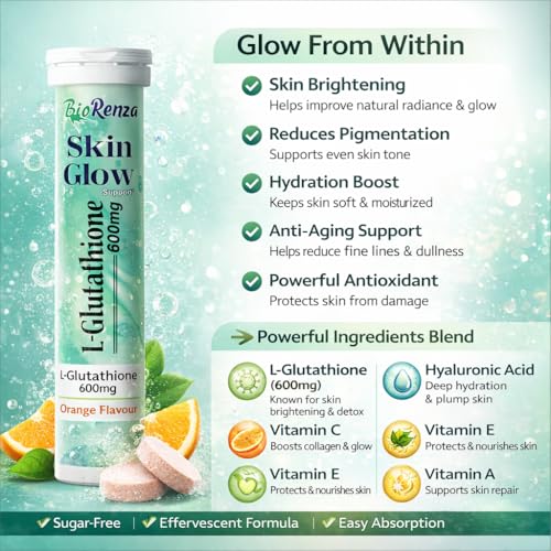 Image of Skin Glow L-Glutathione 600mg Effervescent Tablets | Vitamin C, Hyaluronic Acid & Vitamin A | Skin Brightening & Glow Support | Orange Flavour | 15 Tablets PACK OF 2(TWO) | For Adults