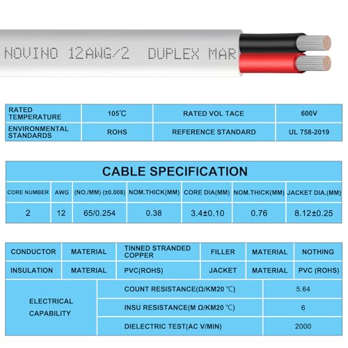 image for NOVINO 12 Gauge Marine Wire 12 AWG Duplex Marine Grade Wire,100ft Tinn