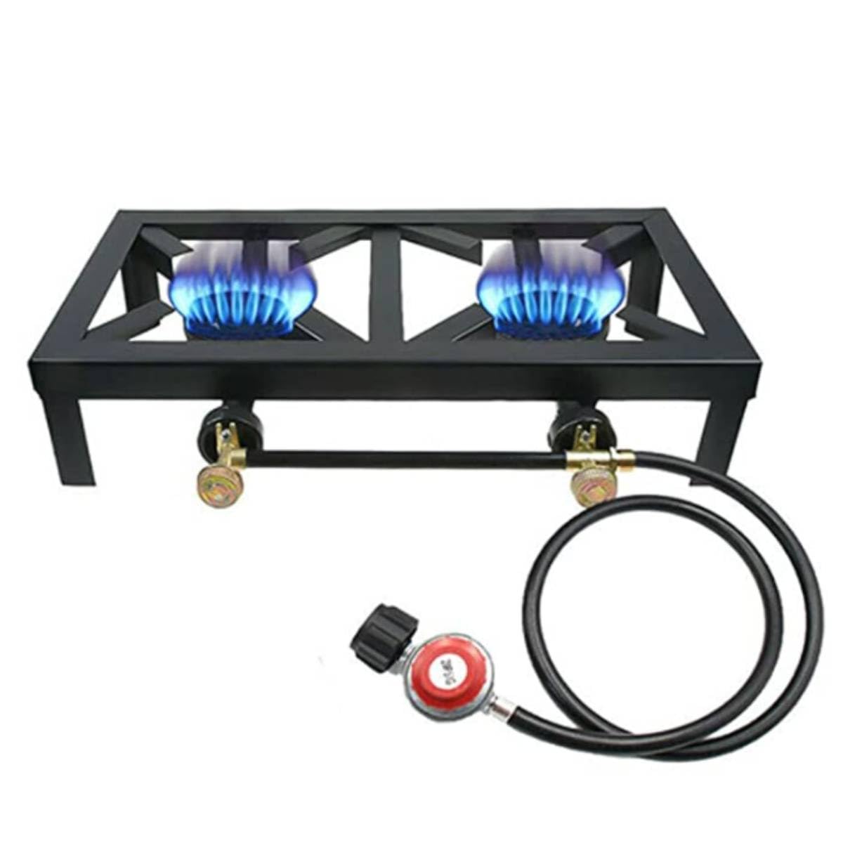 Kreiaoer Double Propane Burner, Outdoor Camping Stove with Adjustable 0-10Psi Independent Regulator and 3.94ft Hose for Home Brewing, Camping, Tailgating, MAX 8000W Burning Power