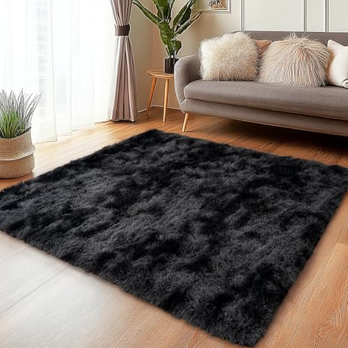 Tie-Dyed Black Rugs for Bedroom 3x5 ft - Ultra Soft Faux Fur Area Rug - Plush Non-Slip Shaggy Carpet for Living Room, Cozy Fluffy Rug for Kids Boys Girls Dorm Nursery Room, High Pile Floor Carpet
