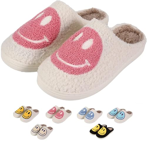 Retro Fuzzy Face Slippers for Women men， Womens Girls Cute Yellow the Lable Face House Slippers for Indoor Outdoor Pink/White/Black/Blue