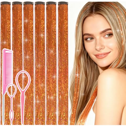 Hair Tinsel Clip in Orange Fairy Hair Tinsel Kit 12 Pcs 24 Inch Glitter Clip in Hair Extensions for Girls Women Kids Christmas New Year Festival Party (Orange)