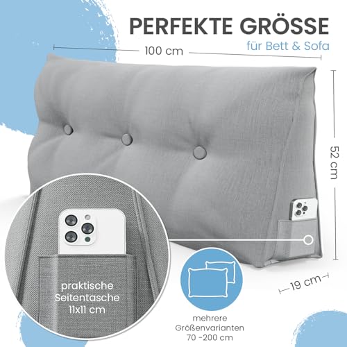 ELONEO Rückenkissen 100 cm breit, Keilkissen für Bett und Sofa geeignet, dreieckiges Lesekissen, Kissen mit abnehmbarem und waschbarem Bezug, mit praktischem Seitenfach