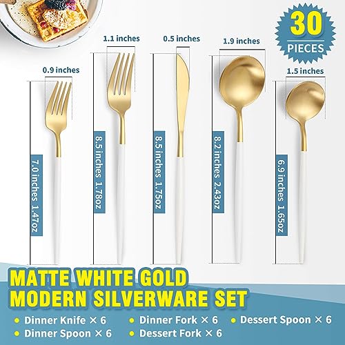 Matte White Gold Silverware Set for 6,Modern Stainless Steel Brushed Cutlery Set,30-Pieces Heavy Duty Flatware Set,Knives Spoons and Forks Set Utensils Set, Satin Finish, Dishwasher Safe - Image 3