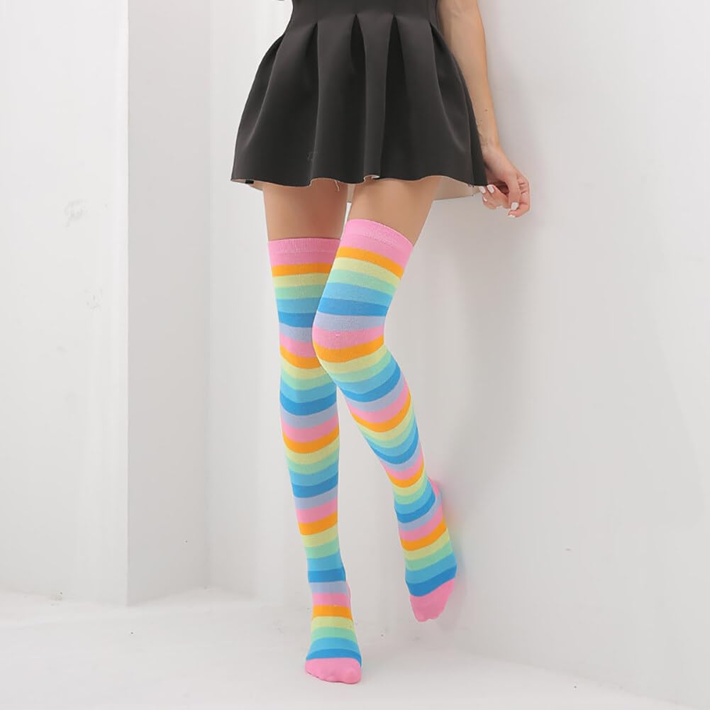 JAWSEU Femme Chaussettes Hautes Rayure Coloré Arc En Ciel