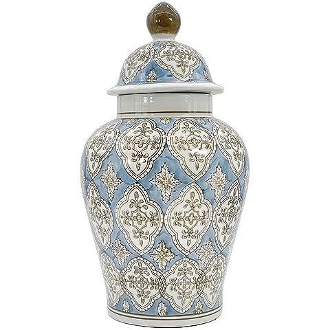 Galt International Light Blue & Brown Hand Painted Mosaic Ceramic Ginger Jar 18" with Lid Porcelain Chinoiserie Temple Jar Vase Kitchen Home Decor for Interior Design Cover