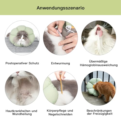 THKOFPET Halskrause Katze, Einstellbarer Katzenhalskragen, Weiche Blumen Katzenhalskrause Kragen Cone, für Katzen und kleine Hunde nach Operationen und Verletzungen (grüner, M)