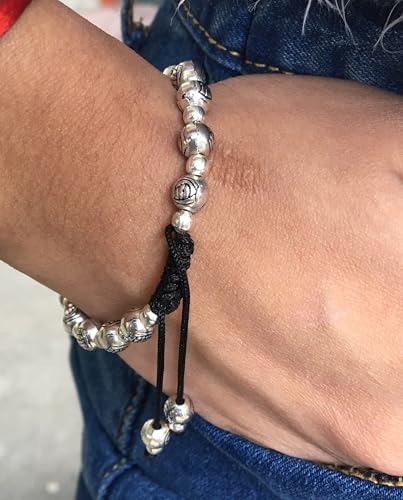 Image of Touchstone New Indian Bollywood Handcrafted Magical Look Engraved Metallic Beads Elegant and Attractive Designer Jewelry Openable Thread Bracelet in Oxidized Silver Tone for Women.