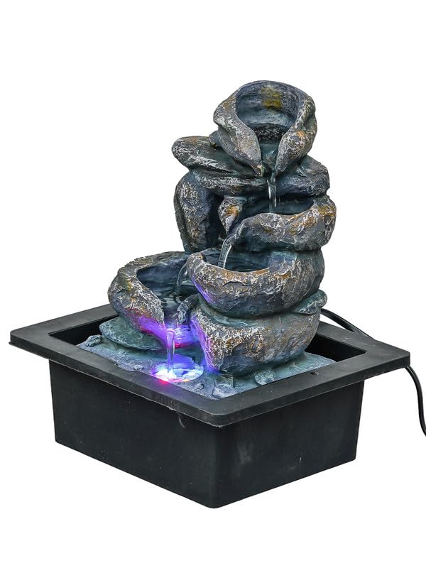 Image of Multicolor Polyresin Tabletop Designer 4 Step Indoor Water Fountain for Home Decor with LED, Speed Control Pump (Size: 21 x 18 x 26 CM | Weight: 940Gram)