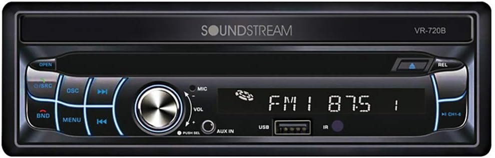 SoundStream VR-720B car stereo with screen retracted, showing only the single DIN unit.