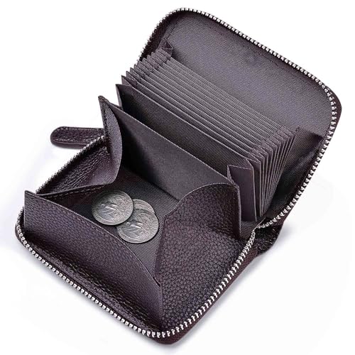 SLUKULU Women's RFID Blocking Credit Card Wallet, Minimalist Genuine Leather Zippered Small Coin Purse. (Coffee)
