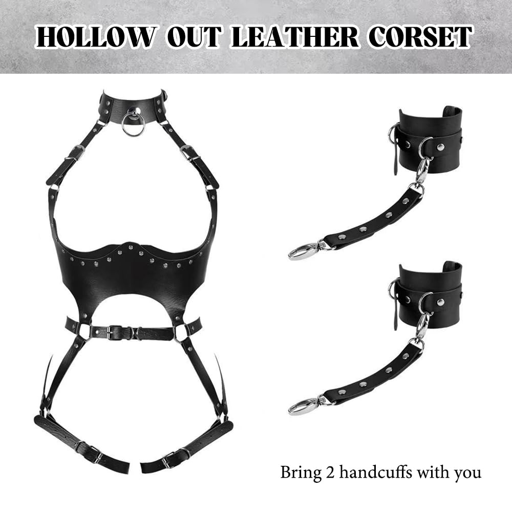 Harnais Femme Punk Sangles de Poitrine en PU Cuir avec Collier Gothique Sexy Lingerie Réglable pour Rave Boîte de Nuit Cosplay(Noir#2)