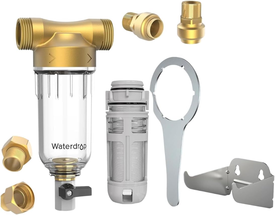 Waterdrop Spin Down Sediment Filter WD-RPFK with Filter Bracket, Backwash Whole House Water Filter System for Well Water, 40-50 Micron, 1" MNPT + 3/4" FNPT + 3/4" MNPT, Traps Sand, BPA Free, Bundle