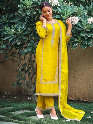 Image of INDO ERA Women's Silk Blend Embroidered Straight Kurta and Pant with Dupatta Set (KH9BK6210)