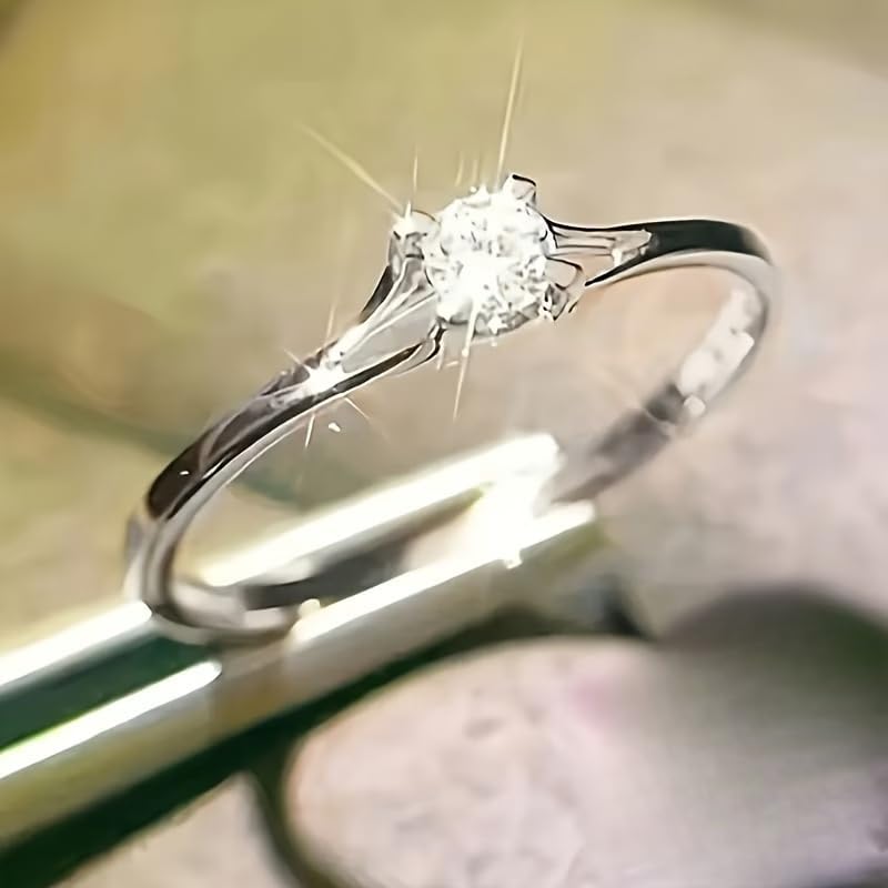 Women's Engagement Ring Classic Simple 4 Prong Synthetic Zirconia Single Stone Thin Band for Proposal Wedding Party