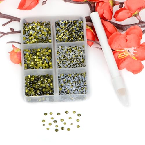 Image of Bymitel Hotfix Crystal Rhinestones Round Gems for Crafts,Mixed 6 Sizes with Wax Pencil Kit, Olivine 1.3-3.2mm(SS3-SS12 /8000pcs)