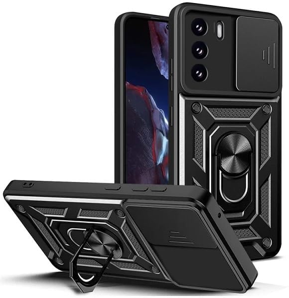 Image of SPAZY CASE Oppo Reno 12 Pro 5G Back Cover | Heavy Duty Hybrid Case with 360 Degree Rotating Finger Ring Holder + Slider Shutter Camera Protection Case for Oppo Reno 12 Pro 5G 5G - Black