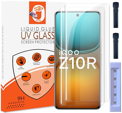 Image of STP FEEL Advanced UV Tempered Glass Screen Protector Guard Compatible For IQOO Z10R 5G (6.77 Inch, Pack of 2) Full Adhesive UV Curved Case Friendly HD Clarity with easy installation kit