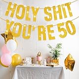 Happy 50th Birthday Banner, 50th Birthday Decorations Banner for Women Men Gold Glitter Party Decor Sign Funny Supplies Holy Shit You're 50 Party Decoration - Image 7