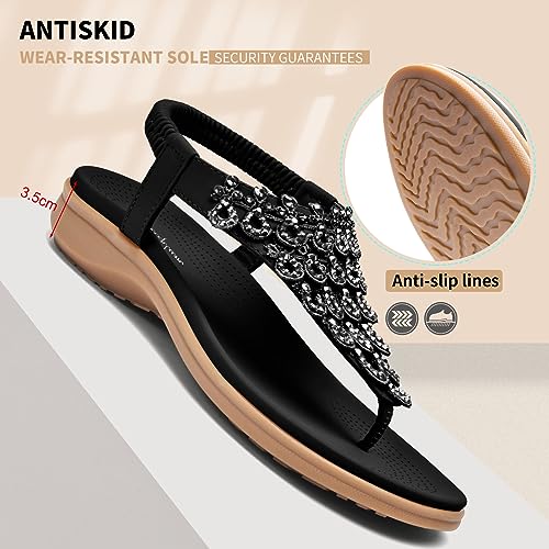 Image of Littleplum Womens Sandals Arch Support Slingback Rhinestone Dressy Sandals Comfort Summer Shoes Ankle Strap Elastic Flats for Beach Walking