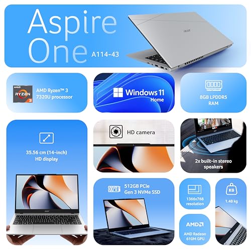 Image of Acer Smartchoice Aspire One, AMD Ryzen 3-7320U, 8GB LPDDR5 RAM / 256GB SSD, 14.0 inch /35.56cm TN HD Display, Win 11 Home, Pure Silver, 1.48KG, A114-43, Thin and Light Laptop