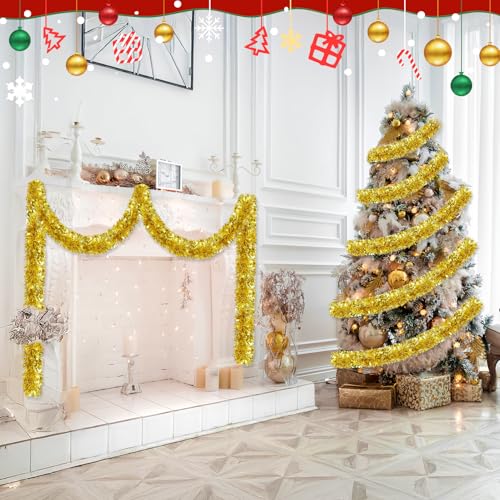 Image of 50FT Gold Christmas Tinsel Garland, Metallic Twist Shiny Hanging Garland Ornaments for Xmas Tree Party Supplies Thick Thin Metallic Streamers for Indoor Outdoor Decor