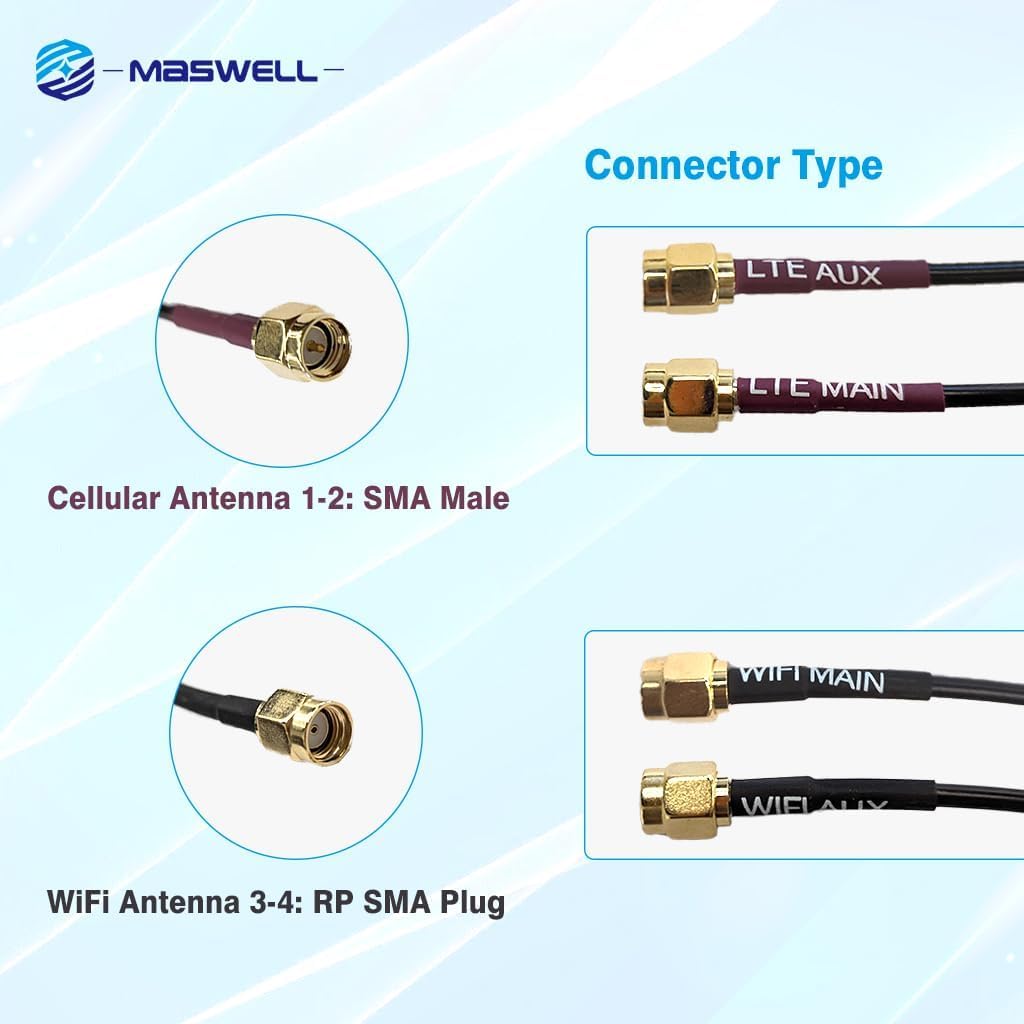 Maswell Antenna Combinata 4-in-1: 2X 5G + 2X WiFi 6, Tecnologia 2x2 MIMO 700-4900MHz per Bluetooth/WiMax/Zigbee, 2 Connettori SMA/RP-SMA, Montaggio Magnetico e Adesivo (Antenna Non Alto Guadagno)