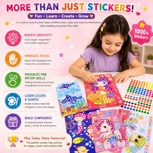 Image of PLUSPOINT Dot Sticker Art Kit for Kids, 6 Cartoon Cardboard Boards & 6 Color Sticker Sheets, DIY Mosaic Sticker Craft Activity Set, Fine Motor Skills Learning Toy, Birthday Gift for Kids Age 3+ Years
