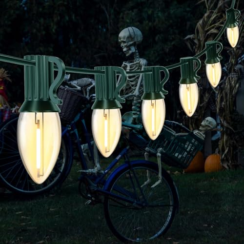 Image of 12FT C7 LED Christmas Lights Outdoor Indoor, Plug in Warm White String Lights for Porch, Railing, Staircase, Patio Decor, Green Wire
