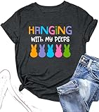 Happy Easter Shirts Women Hanging with My Peeps Tshirt Cute Rabbit Graphic Easter Gift Casual Short Sleeve Tee TopsGreyS