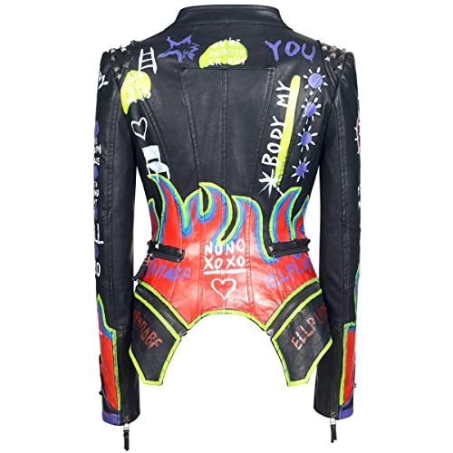 Women's Faux Leather Textured Hand Painted Graffiti Studded Rivet Moto Lady Fit Jacket Zip-up Slim PU Biker Coat3
