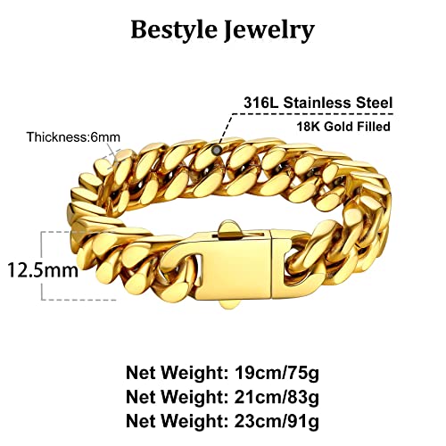 Solid Gold Miami Cuban Link Chain Bracelets For Men, Gold Bracelets For Men, Hand Chain Bracelet For Men Boys Women, Hip-Hop & Cool Men’s Bracelet, 18K Gold Filled, 12Mm 21Cm/8.3Inch #TOP6