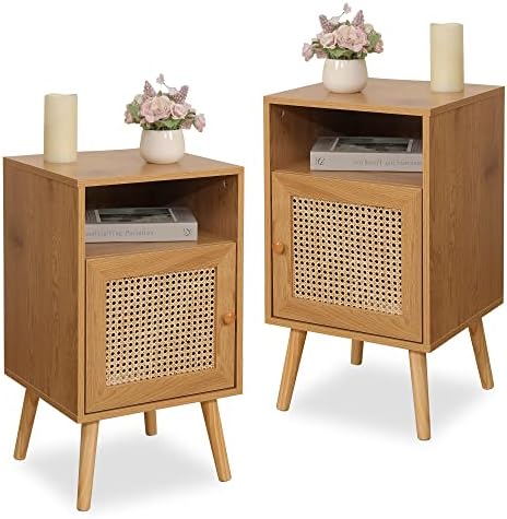 Xilingol Set of 2 Rattan Nightstand, Wooden Bedside Table End Table for Living Room and Bedroom