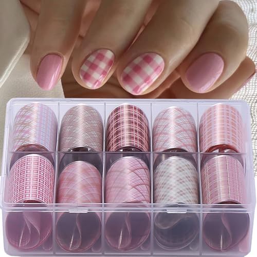 10Rolls/1Box Pink Plaid Nail Art Stickers Checkered Prints Nail Stickers Starry Paper Geometric Lines Swirls Nail Decals Holographic Transfer Foil Sticker Nail Supplies for Women DIY Decor image 5