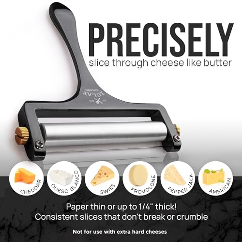 Image of Zulay Kitchen Stainless Steel Wire Cheese Slicer - Adjustable Hand Held Cutter with 2 Extra Wires - Premium Cheese Shaver For Mozzarella, Cheddar, Gruyere - Black