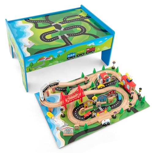 DREAMADE Table Circuit de Train en Bois, 84 Pièces avec Rails, Plateau Réversible & Amovible, Jouet Interactif Parent-Enfant, 3+ Ans (Multicolore)