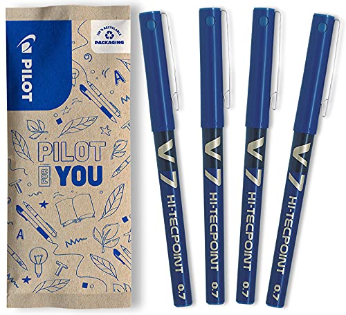 PILOT - Caja de 4 V7 - Bolígrafos de Tinta Líquida - Punta de Aguja Media para Escritura Suave y Precisa - Secado Rápido - Antimanchas - Azul - Punta Media (0,7mm)