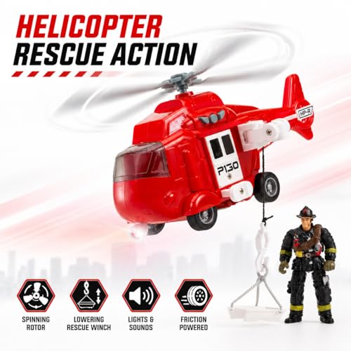 Fire Rescue Toy Set for Kids Ages 3+ – Friction Powered Fire Truck, Rescue Helicopter, Fire Chef Car & 2 Firefighter Figures with Lights & Sounds, Pretend Play Gift for Boys and Girls by Cocopuff - Image 5