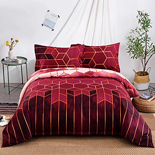 DJY Red Geometric Duvet Cover Golden Stripes Duvet Cover Set