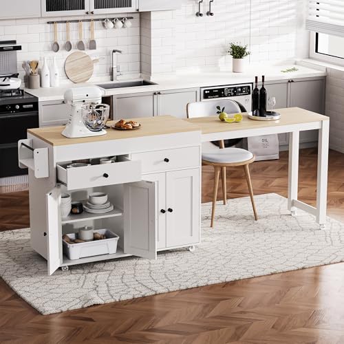 Image of 74.5 inch Kitchen Island with Extendable Table, Rolling Kitchen Island