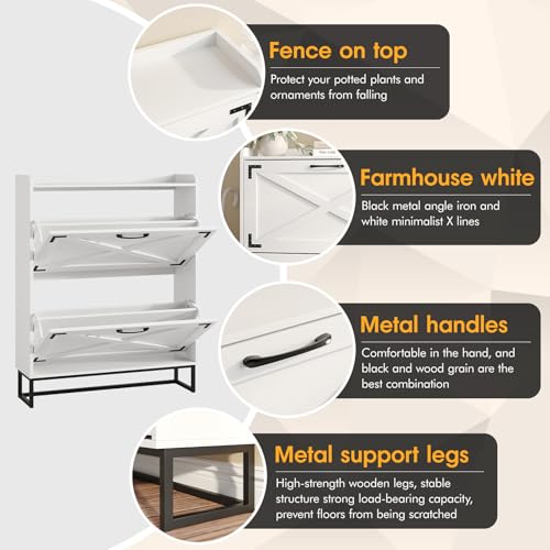 Image of Maupvit Shoe Storage Cabinet with 2 Flip Drawers, Freestanding Organizer with Metal Legs for Entryway, Narrow Shoe Rack Cabinet, Black White