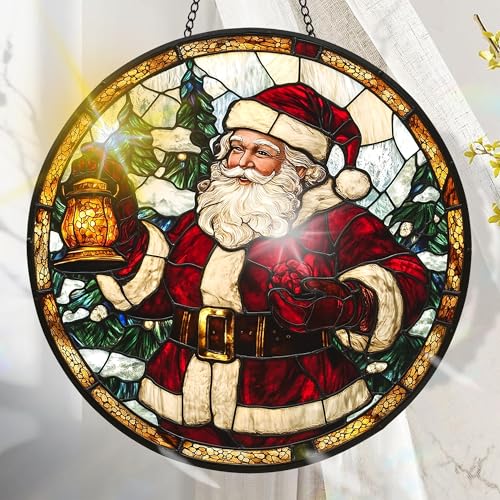 Colorful Acrylic Suncatcher Christmas Hanging Window Decor with Printed Stained Glass Style Design Sun Catcher Rainbow Maker Wall Art Gift Idea & Garden Ornament Indoor Outdoor Use 7.8 x 7.8 inch